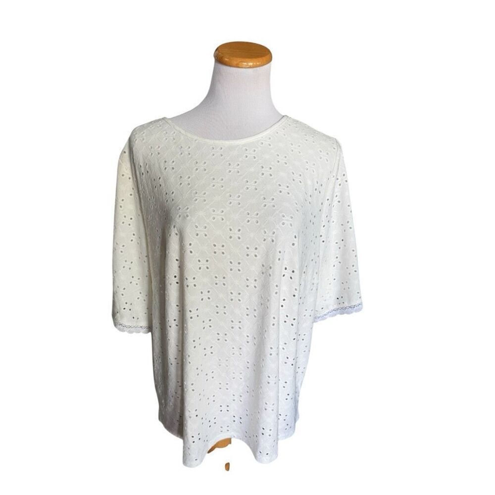 Womens Shein Curve White Eyelet Crew Neck Lace Sleeve Top Blouse - Sz 2X